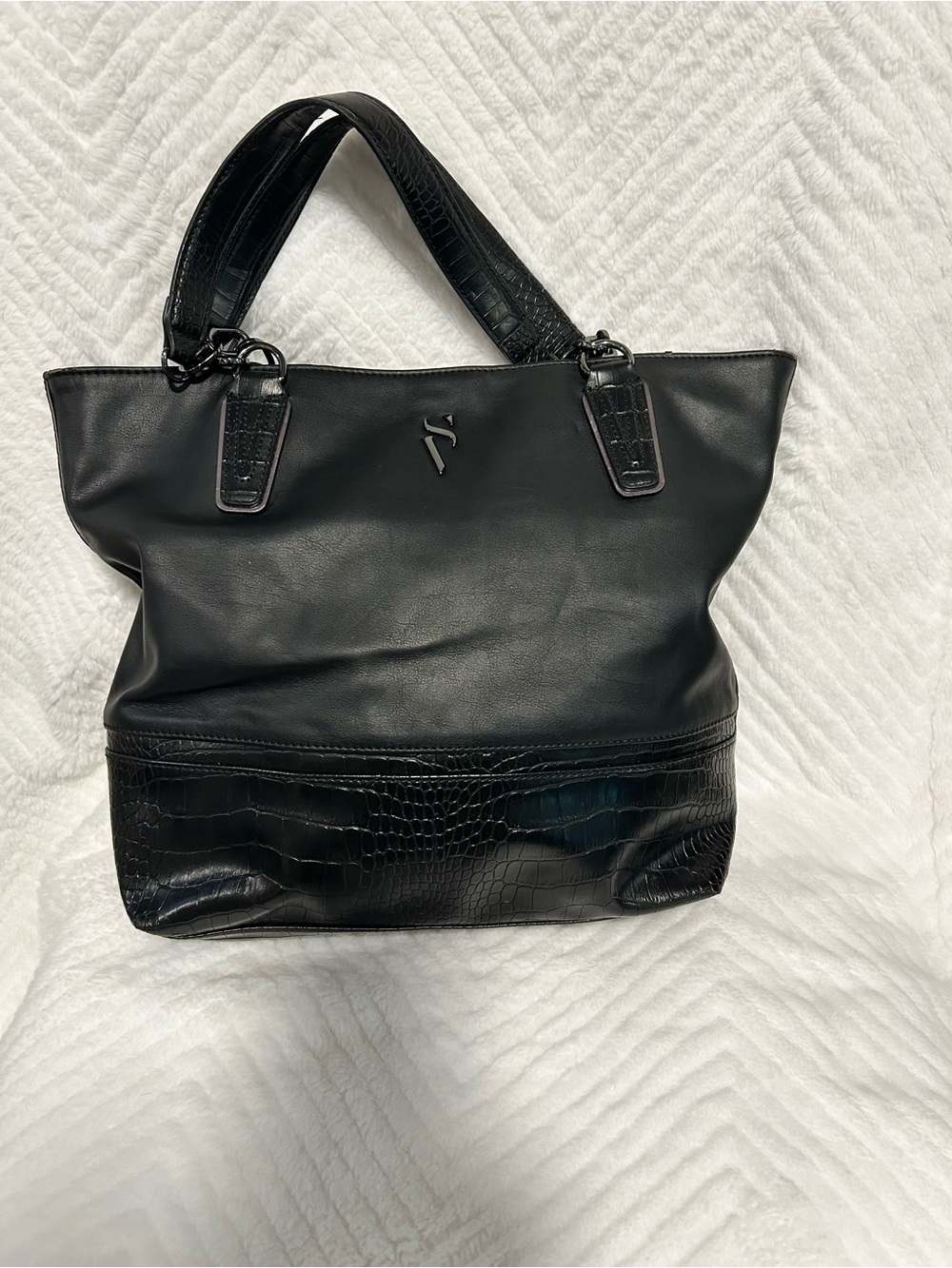 Simply Vera Vera Wang Black Leather Tote with Croc-Embossed Trim